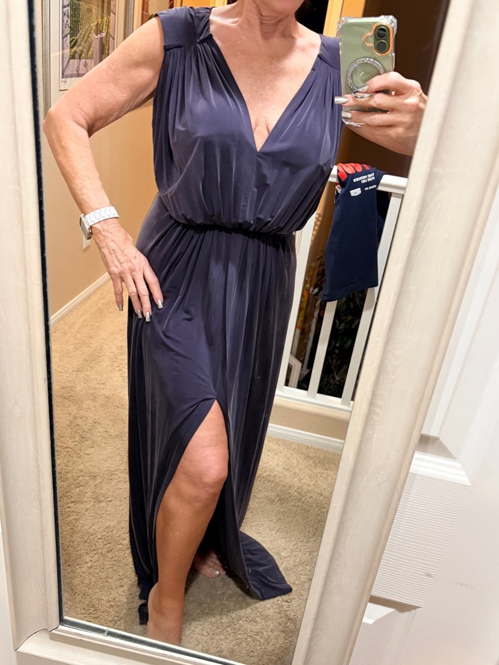 Robert Rodriguez Grecian Purple V-Neck High Slit Evening Dress - Medium
